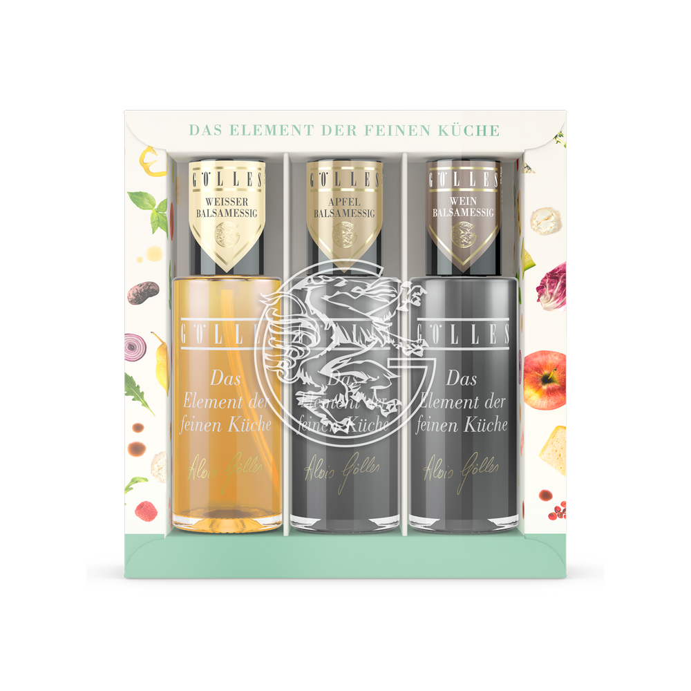 Gölles Zerstäuber Trio Balsam mit Weißem und Apfel Balsamessig, goldene Verschlüsse, verzierte Schachtel.