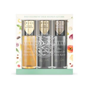 Gölles Zerstäuber Trio Balsam mit Weißem und Apfel Balsamessig, goldene Verschlüsse, verzierte Schachtel.