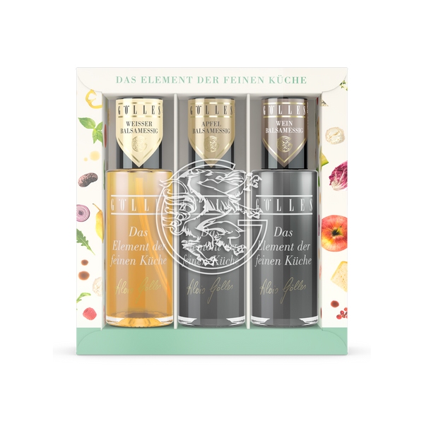Gölles Zerstäuber Trio Balsam mit Weißem und Apfel Balsamessig, goldene Verschlüsse, verzierte Schachtel.