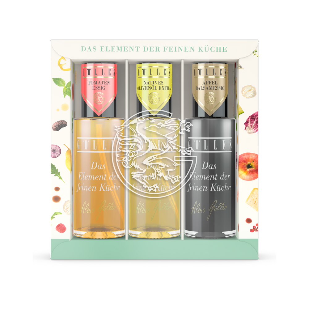 Gölles Zerstäuber Trio Mediterran mit Olivenöl, Tomaten Essig und Apfel Essig.