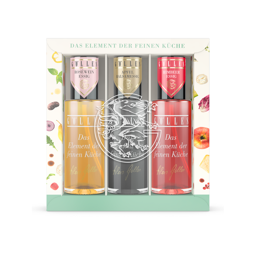 Gölles Zerstäuber Trio Original mit Roséwein Essig, Apfel Balsamessig und Himbeer Essig in Geschenkbox.
