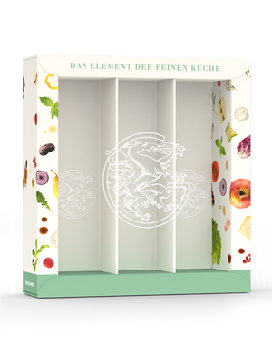 Leere schwarze Gölles Geschenkbox für drei Zerstäuber mit Illustrationen von Obst und Gemüse.
