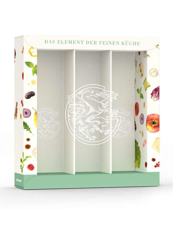 Leere schwarze Gölles Geschenkbox für drei Zerstäuber mit Illustrationen von Obst und Gemüse.