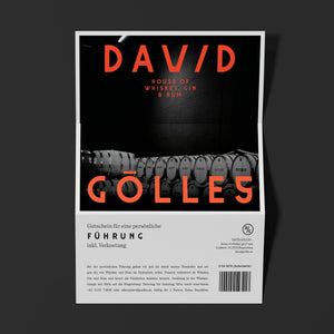 DAVID GÖLLES Gutschein für eine Gruppenverkostung mit Holzfass-Motiv, Standortangaben und Barcode.