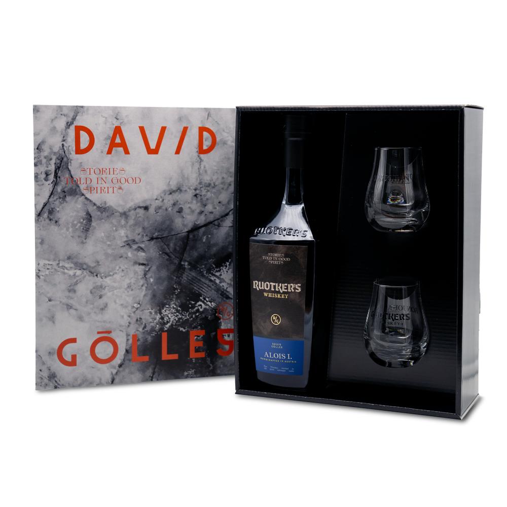 DAVID GÖLLES Ruotkers Whiskey Alois mit zwei Gläsern in Geschenkbox mit Marmordeckel.