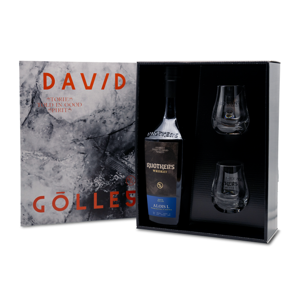 DAVID GÖLLES Ruotkers Whiskey Alois mit zwei Gläsern in Geschenkbox mit Marmordeckel.