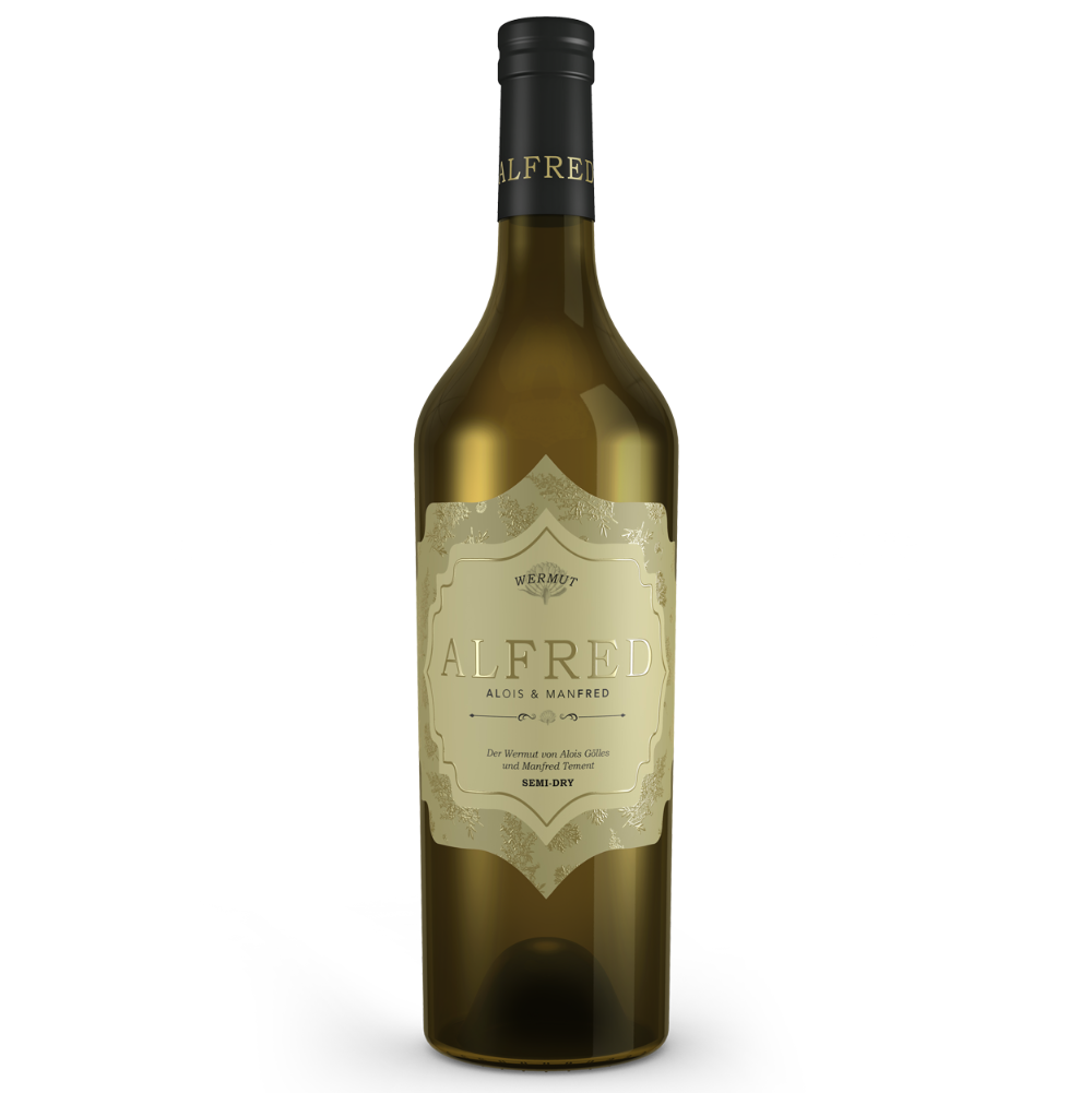 Gölles Wermut Alfred Semi-Dry in Flasche mit beigem Etikett und schwarzem Verschluss.