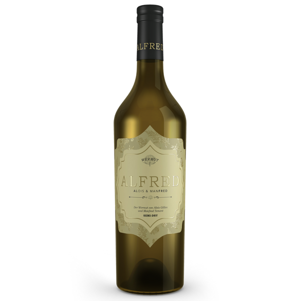 Gölles Wermut Alfred Semi-Dry in Flasche mit beigem Etikett und schwarzem Verschluss.