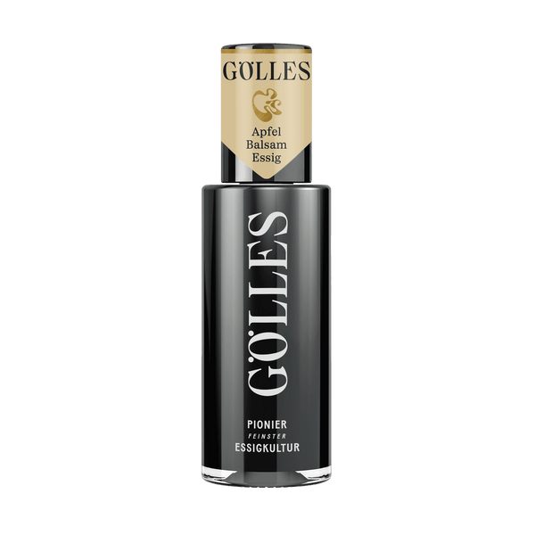 Gölles Apfel Balsamessig in zylindrischer Flasche mit schwarzem Etikett und beiger Kapsel.