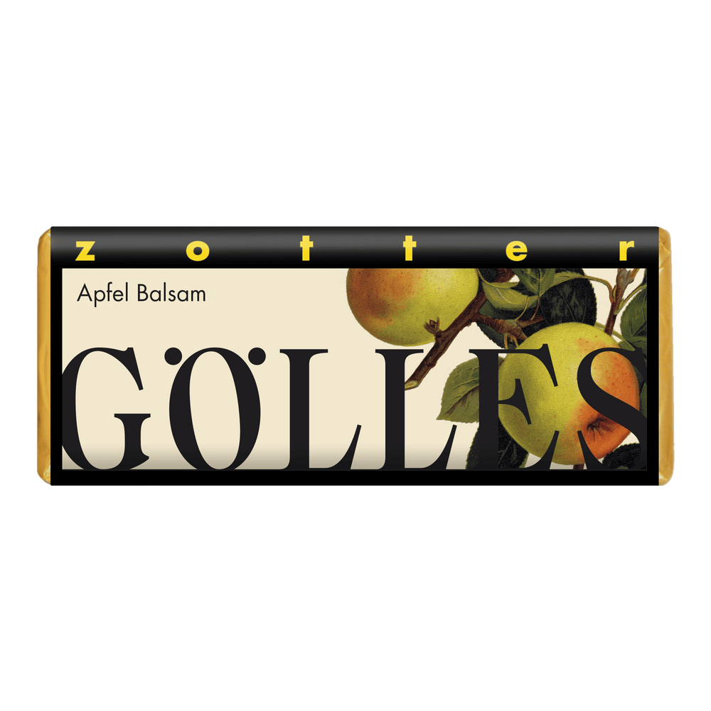Gölles Apfel Balsam Schokolade, Verpackung mit Illustration von Äpfeln am Ast.