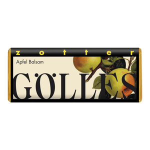 Gölles Apfel Balsam Schokolade, Verpackung mit Illustration von Äpfeln am Ast.