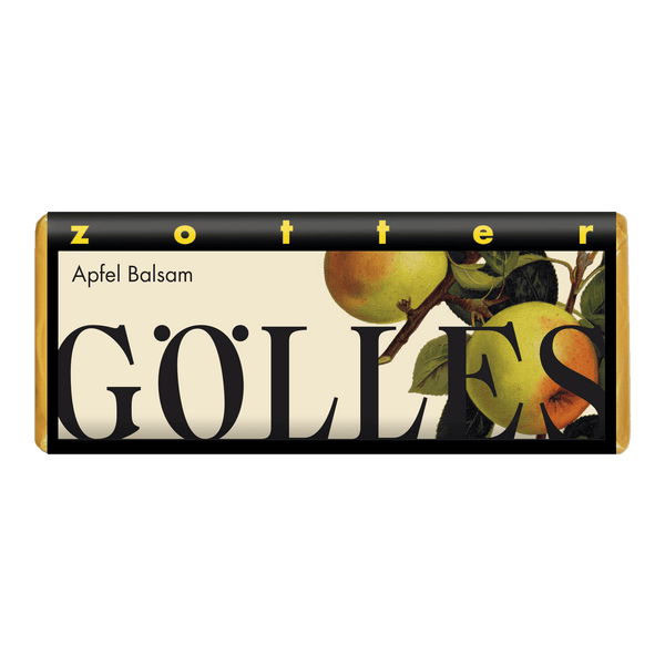 Gölles Apfel Balsam Schokolade, Verpackung mit Illustration von Äpfeln am Ast.