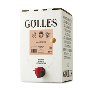 Gölles Apfel Essig im 5-Liter-Karton mit rotem Zapfhahn.