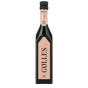 Gölles Apfel Essig in hoher Glasflasche mit rosa Etikett und schwarzem Verschluss.