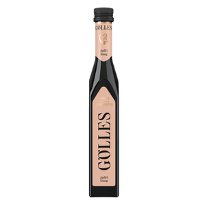 Gölles Apfel Essig in hoher eckiger Flasche mit pfirsichfarbenen Etiketten.