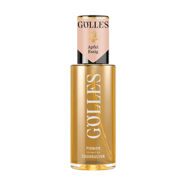 Gölles Apfel Essig, goldfarben, in Glasflasche mit pinkfarbenem Halsetikett.
