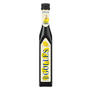 Gölles Balsam Zitron in schlanker Flasche mit zitronengelbem Etikett und schwarzem Verschluss.