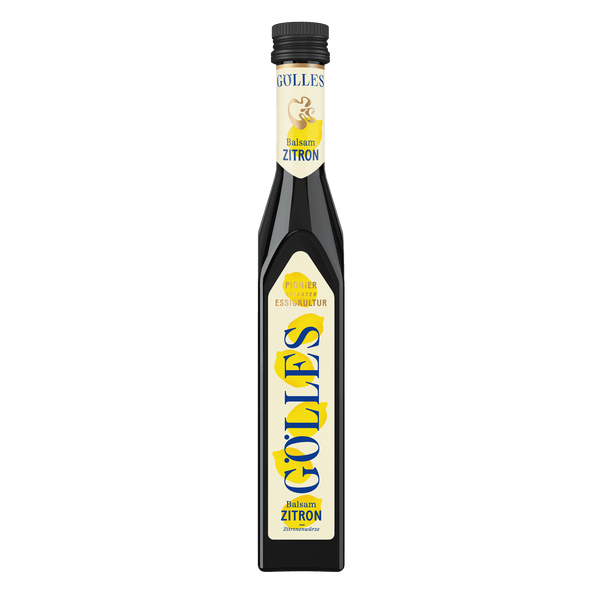 Gölles Balsam Zitron in schlanker Flasche mit zitronengelbem Etikett und schwarzem Verschluss.