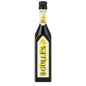 Gölles Balsam Zitron in hoher Flasche, Etikett mit gelben Zitronenillustrationen.