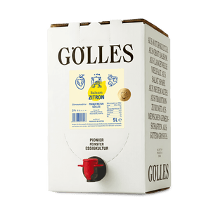 Gölles Balsam Zitron im 5-Liter-Bag-in-Box mit rotem Zapfhahn.