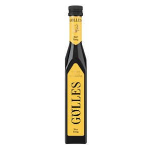 Gölles Bier Essig in hoher dunkler Flasche mit gelben Etiketten vor weißem Hintergrund.
