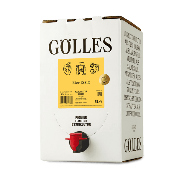 Gölles Bier Essig im 5-Liter-Karton mit rotem Zapfhahn.