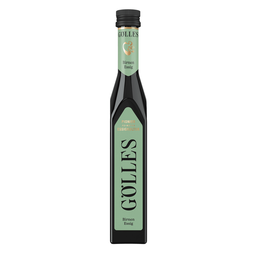 Gölles Birnen Essig in schlanker Flasche mit grünem Etikett und schwarzem Verschluss.