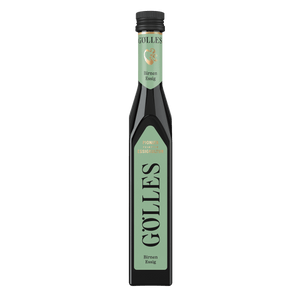 Gölles Birnen Essig in schlanker Flasche mit grünem Etikett und schwarzem Verschluss.