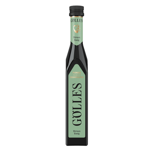 Gölles Birnen Essig in schlanker Flasche mit grünem Etikett und schwarzem Verschluss.