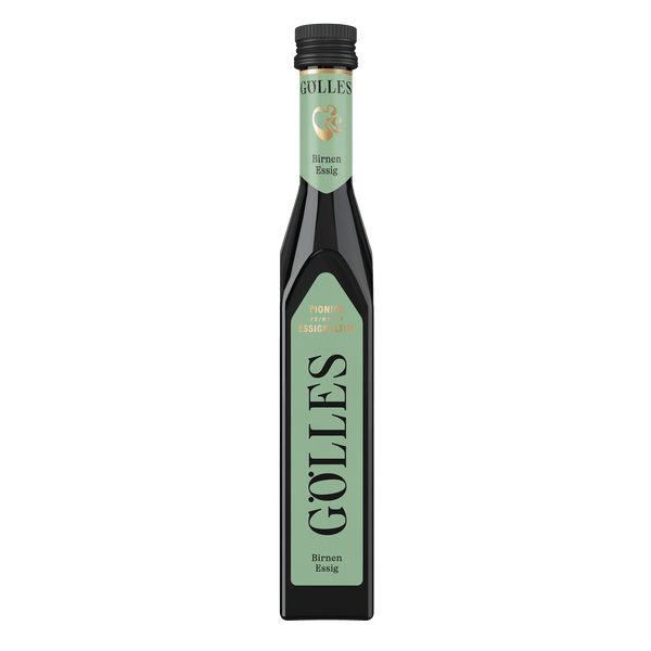 Gölles Birnen Essig in schlanker Flasche mit grünem Etikett und schwarzem Verschluss.