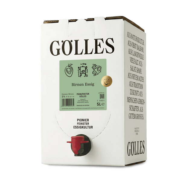 Gölles Birnen Essig im 5-Liter-Karton mit rotem Zapfhahn.