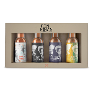 DAVID GÖLLES Best of Rum: Geschenkbox mit vier kleinen Flaschen Ron Johan Rum mit illustrierten Etiketten.