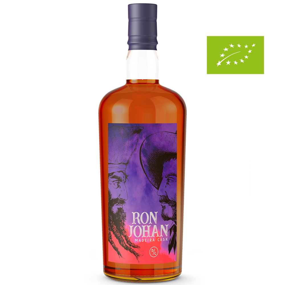 DAVID GÖLLES BIO Ron Johan Rum Madeira Cask, bernsteinfarben, violettes Etikett mit zwei Profilen und Bio-Logo.