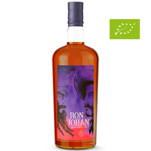 DAVID GÖLLES BIO Ron Johan Rum Madeira Cask, bernsteinfarben, violettes Etikett mit zwei Profilen und Bio-Logo.