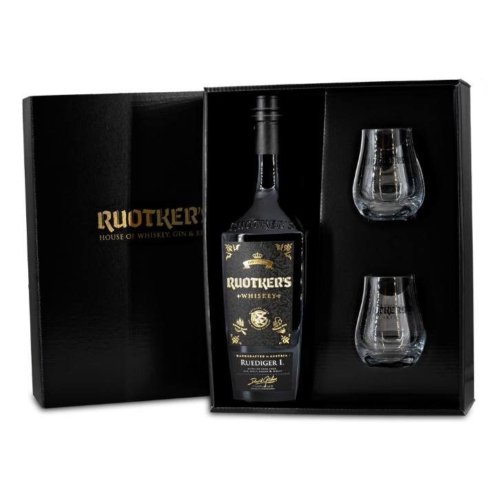 DAVID GÖLLES Ruotkers Whiskey Rüdiger mit zwei Gläsern in schwarzer Geschenkbox.