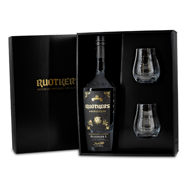 DAVID GÖLLES Ruotkers Whiskey Rüdiger mit zwei Gläsern in schwarzer Geschenkbox.