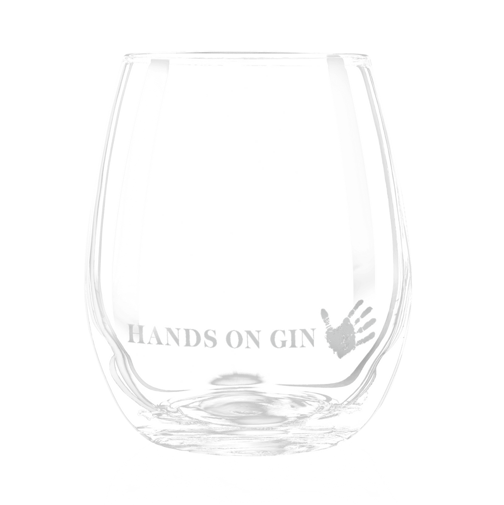 DAVID GÖLLES HANDS ON GIN Glas ohne Stiel mit graviertem Schriftzug und Handabdruck.
