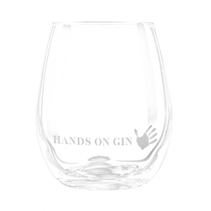 DAVID GÖLLES HANDS ON GIN Glas ohne Stiel mit graviertem Schriftzug und Handabdruck.