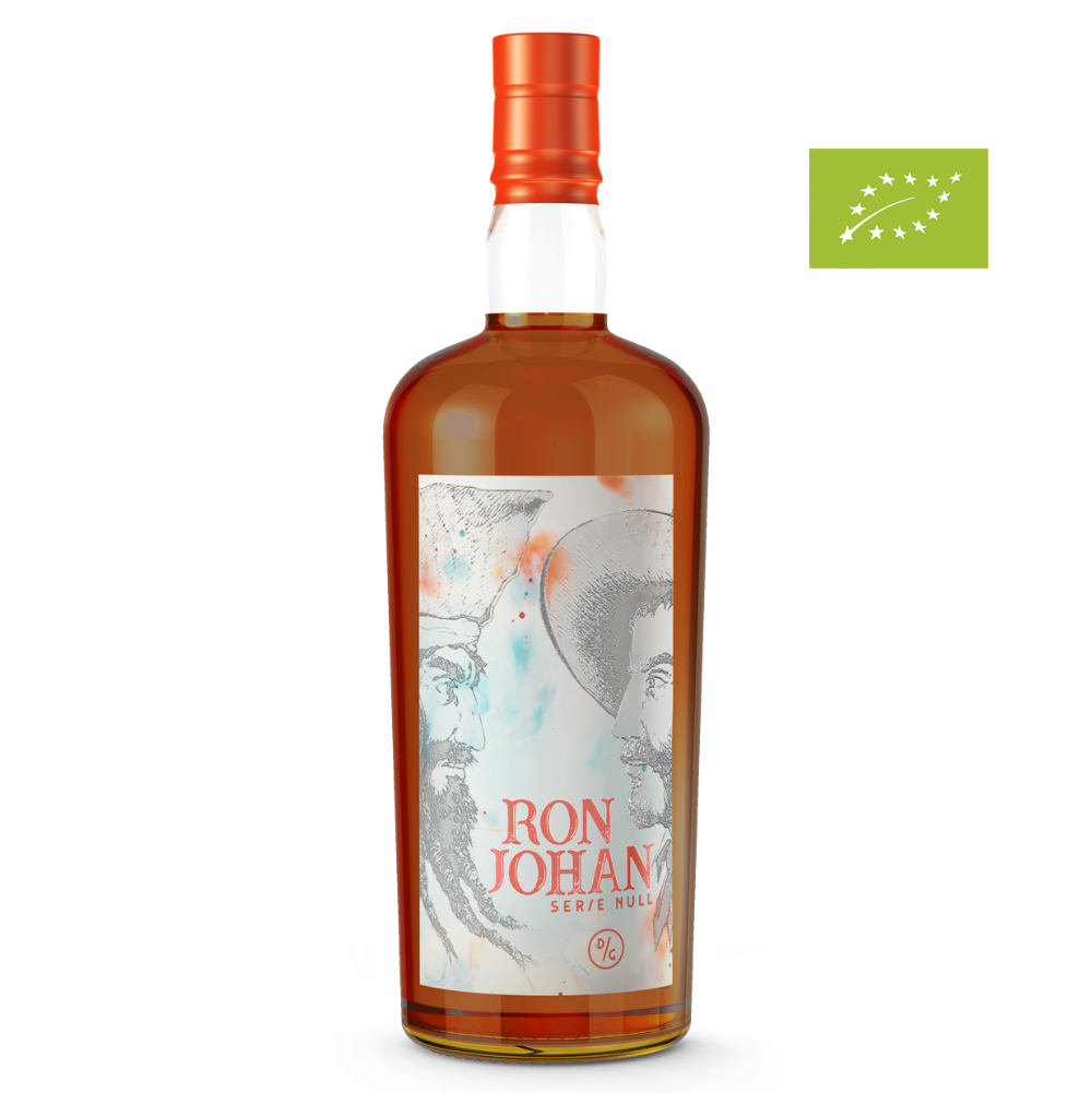 DAVID GÖLLES BIO Ron Johan Serie Null in Glasflasche mit orangem Verschluss, zwei Profilen und Bio-Logo.