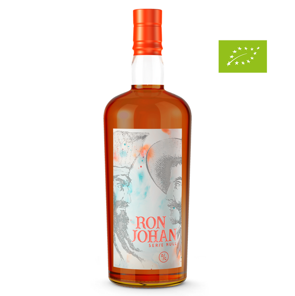 DAVID GÖLLES BIO Ron Johan Serie Null in Glasflasche mit orangem Verschluss, zwei Profilen und Bio-Logo.