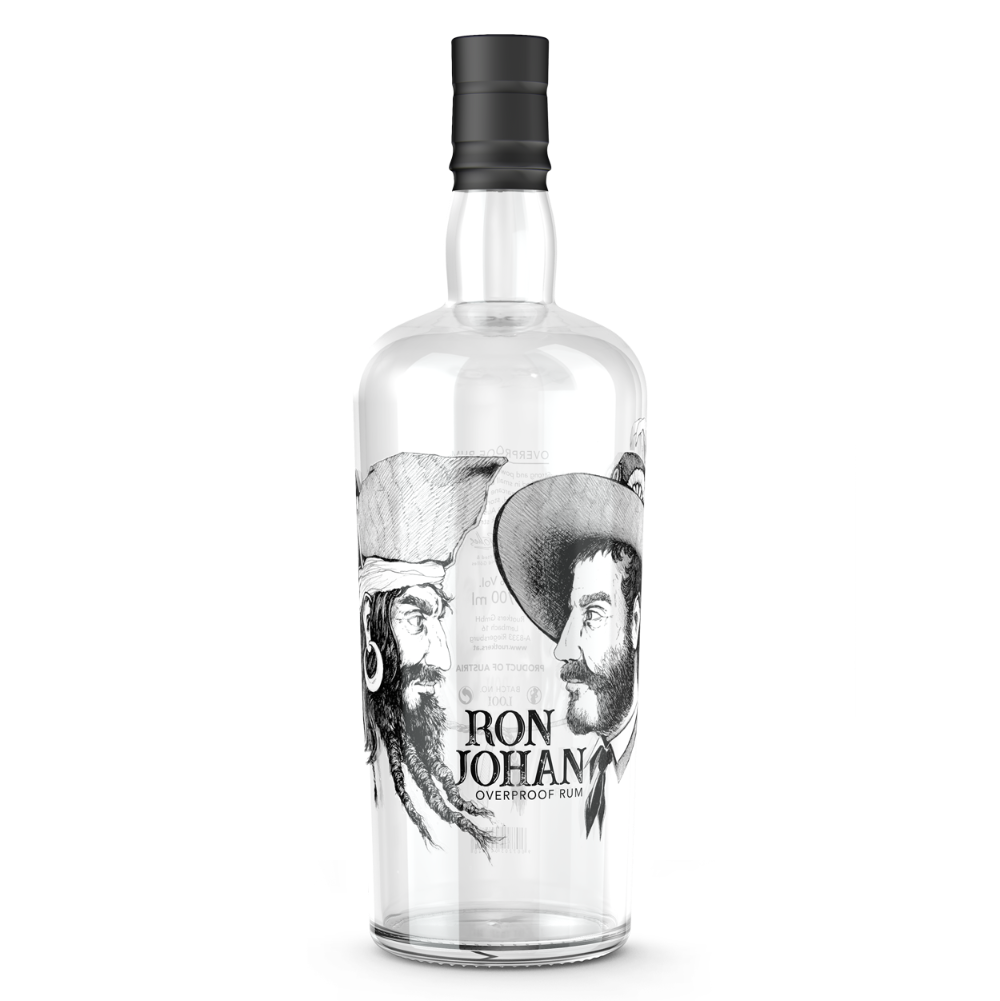 DAVID GÖLLES Ron Johan Rum Overproof in Glasflasche, Etikett mit zwei Männern, einer mit Piratenhut.
