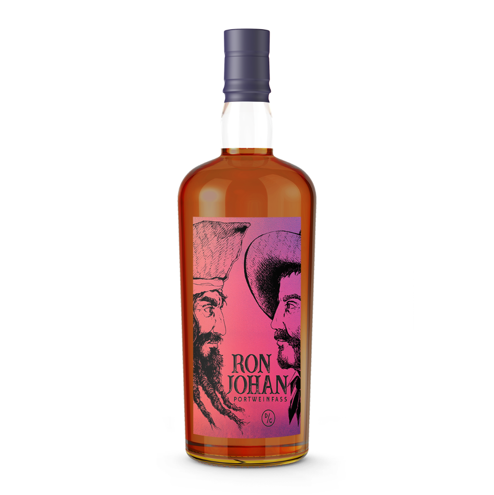 DAVID GÖLLES Ron Johan Portweinfass Rum, bernsteinfarben, Etikett mit zwei Profilillustrationen.