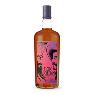 DAVID GÖLLES Ron Johan Portweinfass Rum, bernsteinfarben, Etikett mit zwei Profilillustrationen.