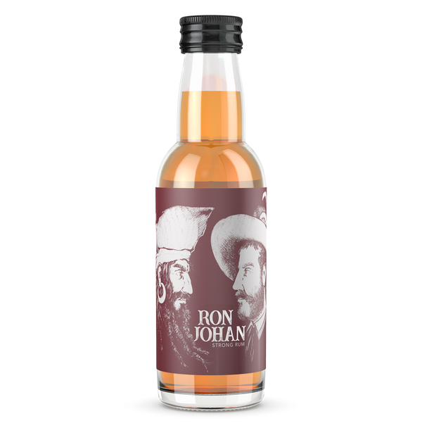 DAVID GÖLLES Ron Johan Rum Strong, bernsteinfarben, in kleiner Flasche, Etikett mit zwei Männern mit Hüten.