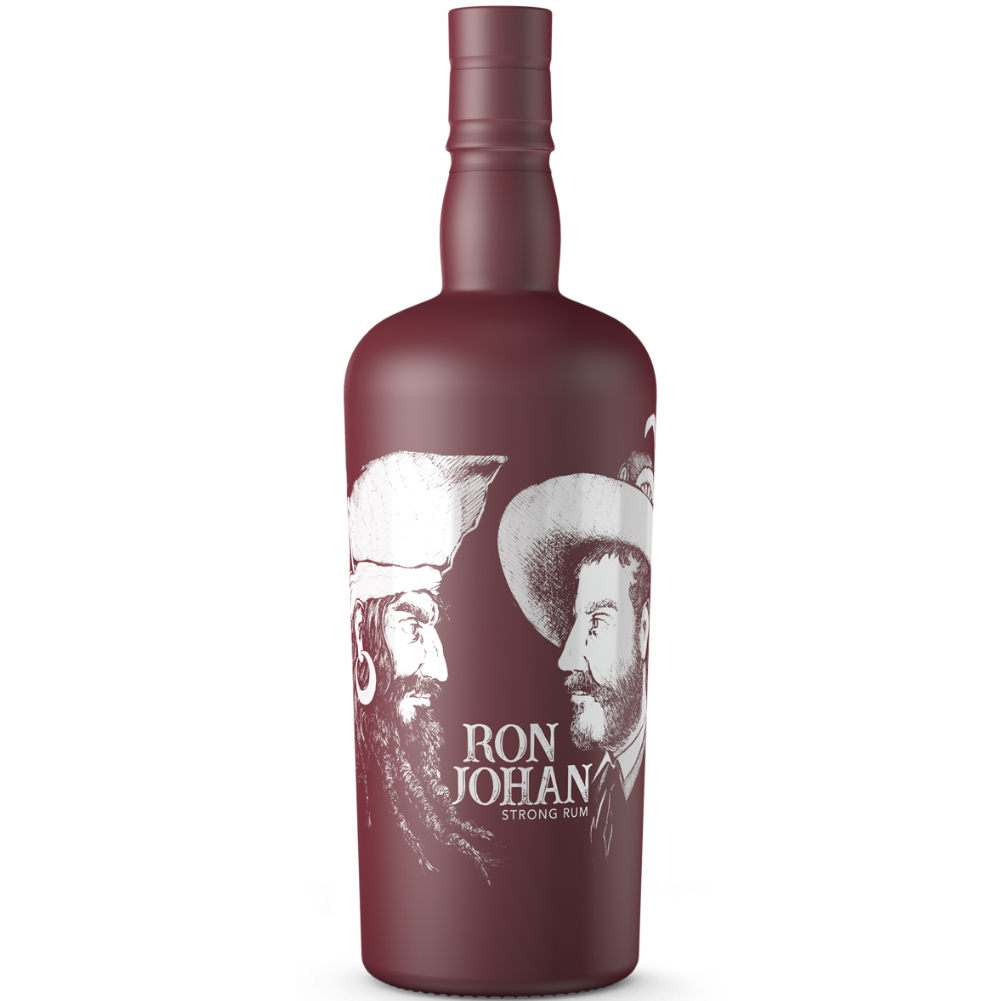 DAVID GÖLLES Ron Johan Rum Strong in dunkelroter Flasche mit Strichzeichnung zweier bärtiger Männer.