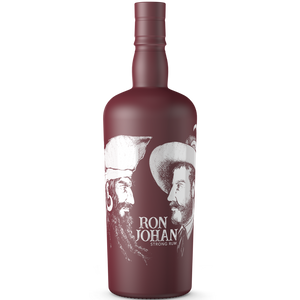 DAVID GÖLLES Ron Johan Rum Strong in dunkelroter Flasche mit Strichzeichnung zweier bärtiger Männer.