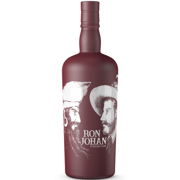 DAVID GÖLLES Ron Johan Rum Strong in dunkelroter Flasche mit Strichzeichnung zweier bärtiger Männer.