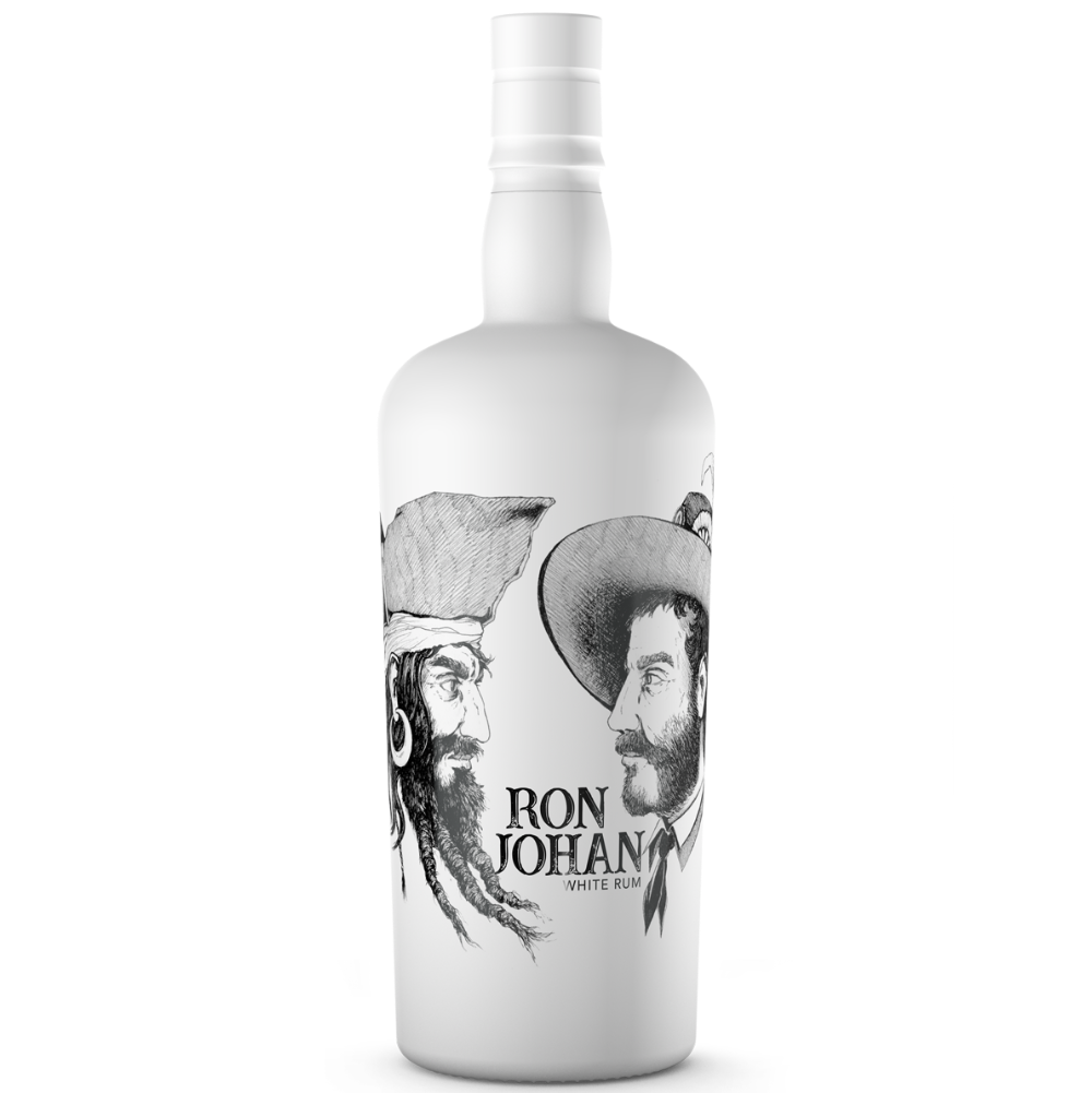 DAVID GÖLLES Ron Johan Rum White in weißer Flasche mit Tuschezeichnung zweier Männer mit Hüten.