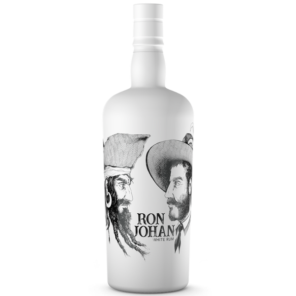 DAVID GÖLLES Ron Johan Rum White in weißer Flasche mit Tuschezeichnung zweier Männer mit Hüten.