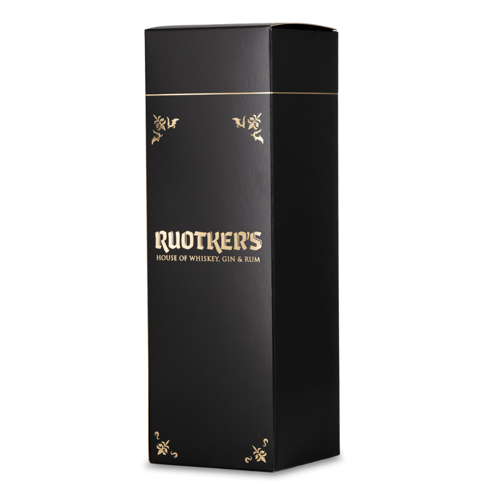 DAVID GÖLLES 1er Karton Ruotkers: hohe schwarze Geschenkbox mit goldener Schrift und Eckverzierungen.